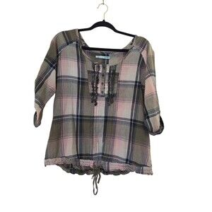 Maurice's Women's Med Plaid Button Up Ruffle Top Cotton Casual Blouse brown pink